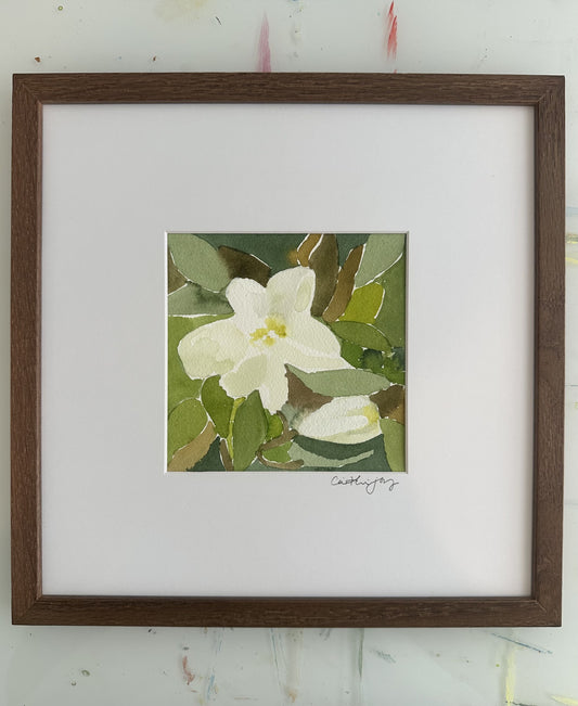 Magnolia No. 1 - framed original watercolour on the studio desk