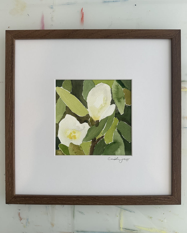 Magnolia No. 2 - framed original watercolour on the studio desk