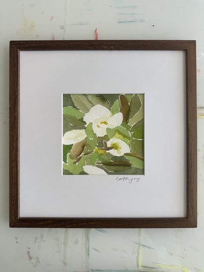 Magnolia No. 8 - framed original watercolour on the studio desk